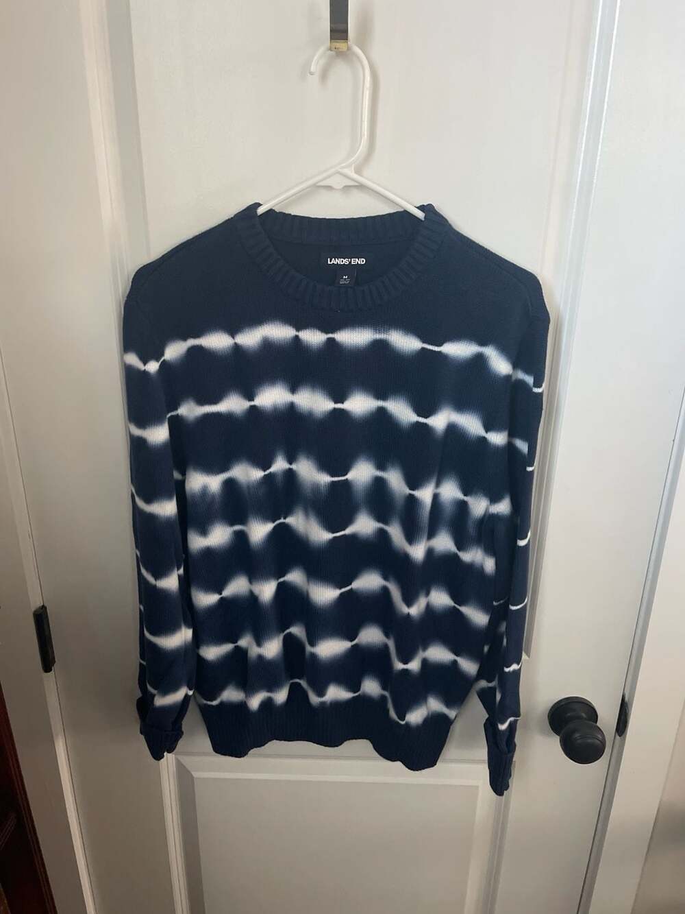 Lands' End Men's Navy Blue Tie-Dye Striped Crewneck Sweater, Size M